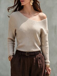 SHEIN Oatmeal V-Neck Asymmetric Neck Ribbed Knit Sweater For Women - Apricot - View 4