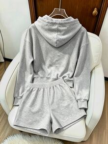 Resyla 新款時尚灰色紐約 NY 字母刺繡運動服套裝，街頭風青春感拉鍊連帽外套短褲兩件套，極簡運動風秋季健身 - 淺灰色 - 查看 2