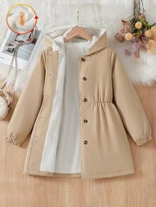 SHEIN Elladie kids Tween女孩單件冬季保暖外套 梭織數位印花花卉 內層保暖加厚 連帽開襟雙排扣長袖外套 甜美田園風 適合日常休閒、度假穿著 秋冬款 - 卡其色 - 查看 5