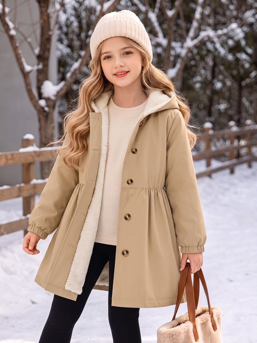 SHEIN Elladie kids Tween女孩單件冬季保暖外套 梭織數位印花花卉 內層保暖加厚 連帽開襟雙排扣長袖外套 甜美田園風 適合日常休閒、度假穿著 秋冬款 - 卡其色 - 查看 1