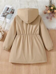 SHEIN Elladie kids Tween女孩單件冬季保暖外套 梭織數位印花花卉 內層保暖加厚 連帽開襟雙排扣長袖外套 甜美田園風 適合日常休閒、度假穿著 秋冬款 - 卡其色 - 查看 2