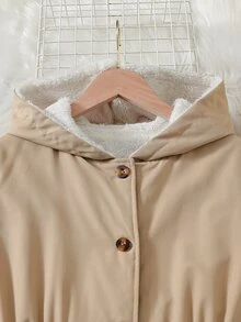 SHEIN Elladie kids Tween女孩單件冬季保暖外套 梭織數位印花花卉 內層保暖加厚 連帽開襟雙排扣長袖外套 甜美田園風 適合日常休閒、度假穿著 秋冬款 - 卡其色 - 查看 3