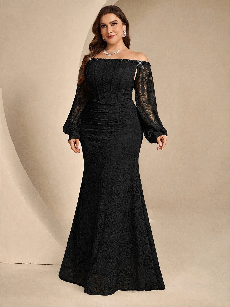 Coutiva Elegant Classy Evening Gown With Beaded Glitter, Sophisticated Lady Style, Fitted Long Dress For Banquet Christmas Dinner Formal Black Fall - Black - View 1