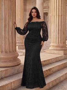 Coutiva Elegant Classy Evening Gown With Beaded Glitter, Sophisticated Lady Style, Fitted Long Dress For Banquet Christmas Dinner Formal Black Fall - Black - View 3