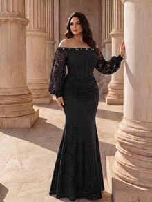 Coutiva Elegant Classy Evening Gown With Beaded Glitter, Sophisticated Lady Style, Fitted Long Dress For Banquet Christmas Dinner Formal Black Fall - Black - View 7