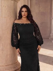 Coutiva Elegant Classy Evening Gown With Beaded Glitter, Sophisticated Lady Style, Fitted Long Dress For Banquet Christmas Dinner Formal Black Fall - Black - View 6
