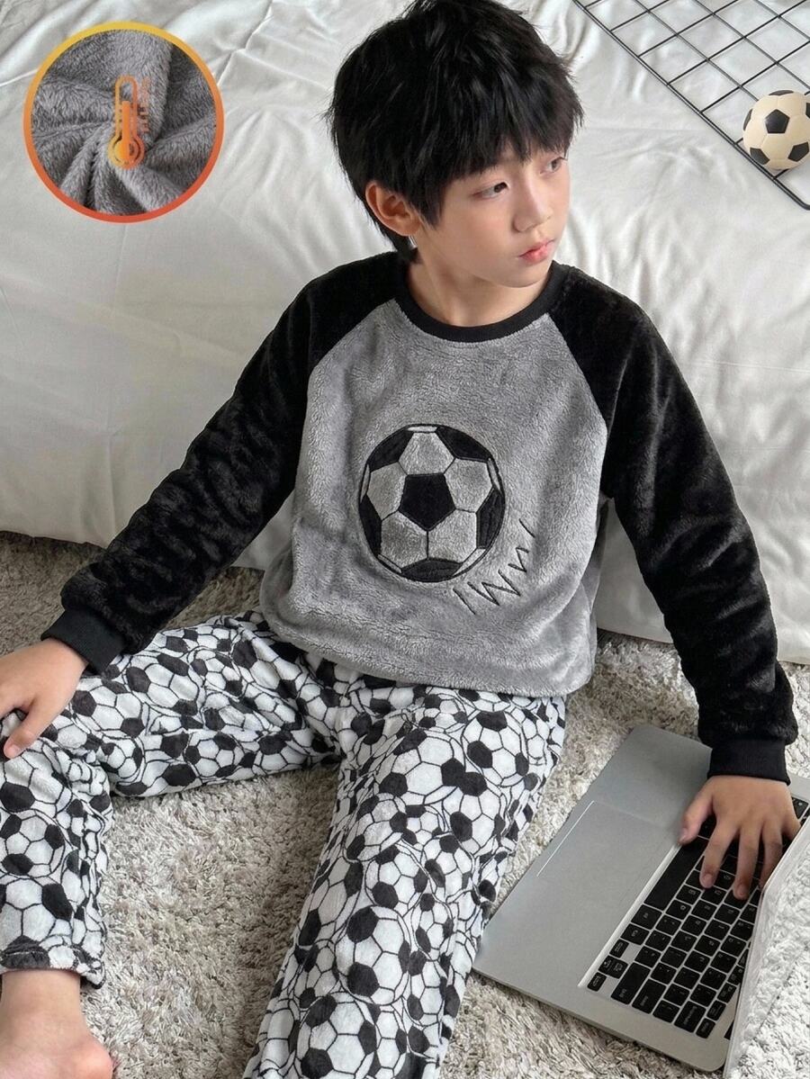 SHEIN 2件組兒童青少年男孩休閒日常百搭舒適足球圖案法蘭絨圓領套頭長袖上衣與寬鬆收口長款睡褲居家服套裝 - 灰色 - 查看 1