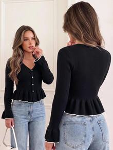 KARISMINA Elegant Black Ribbed Knit Flare Sleeve Ruffle Hem Slim Fit Cardigan,Fall Winte,Contrast Trim,Elegant Cardigan,Christmas,French Style - Black - View 3
