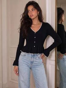 KARISMINA Elegant Black Ribbed Knit Flare Sleeve Ruffle Hem Slim Fit Cardigan,Fall Winte,Contrast Trim,Elegant Cardigan,Christmas,French Style - Black - View 4