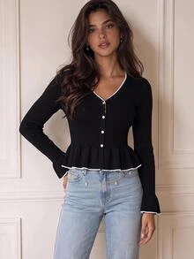 KARISMINA Elegant Black Ribbed Knit Flare Sleeve Ruffle Hem Slim Fit Cardigan,Fall Winte,Contrast Trim,Elegant Cardigan,Christmas,French Style - Black - View 6