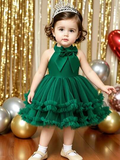 SHEIN Robe pour bébé fille, sans manches, avec nœud, robe de fête d'anniversaire, robe de mariage et de vacances, Noël, mignonne, élégante, robe de cérémonie luxueuse