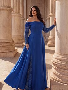 Coutiva Plus Size Elegant Lady Lace Boning Waist-Cinching Strapless Evening Dress - Navy Blue - View 1