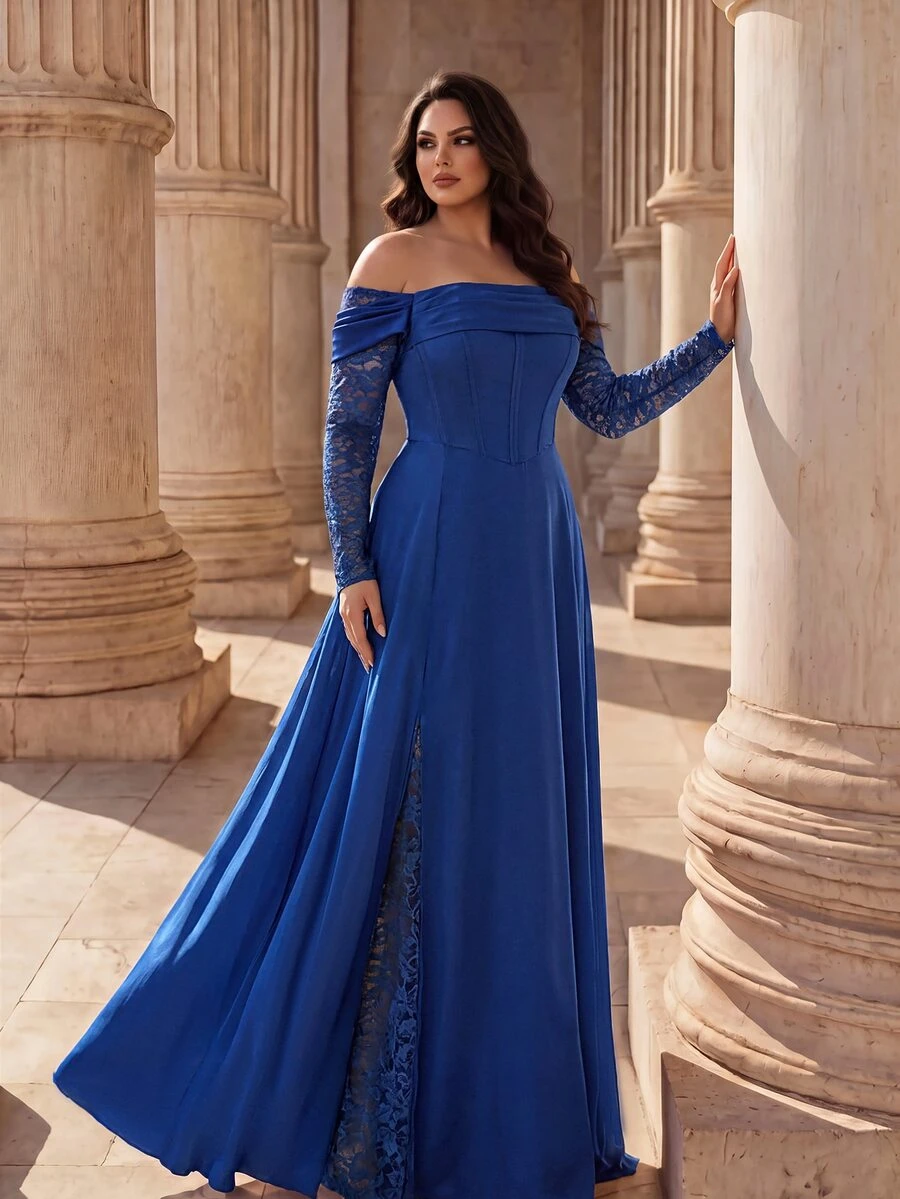 Coutiva Plus Size Elegant Lady Lace Boning Waist-Cinching Strapless Evening Dress - Navy Blue - View 1