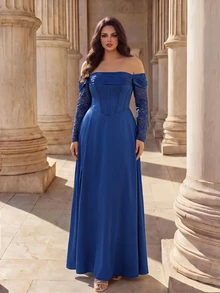 Coutiva Plus Size Elegant Lady Lace Boning Waist-Cinching Strapless Evening Dress - Navy Blue - View 6