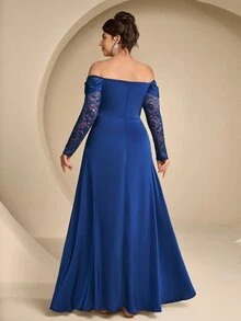 Coutiva Plus Size Elegant Lady Lace Boning Waist-Cinching Strapless Evening Dress - Navy Blue - View 8