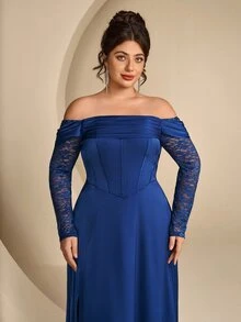 Coutiva Plus Size Elegant Lady Lace Boning Waist-Cinching Strapless Evening Dress - Navy Blue - View 11
