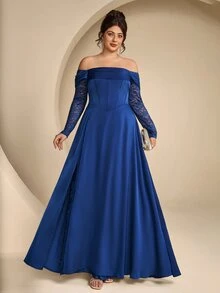 Coutiva Plus Size Elegant Lady Lace Boning Waist-Cinching Strapless Evening Dress - Navy Blue - View 7