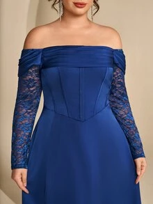 Coutiva Plus Size Elegant Lady Lace Boning Waist-Cinching Strapless Evening Dress - Navy Blue - View 10
