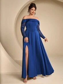 Coutiva Plus Size Elegant Lady Lace Boning Waist-Cinching Strapless Evening Dress - Navy Blue - View 12