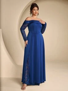 Coutiva Plus Size Elegant Lady Lace Boning Waist-Cinching Strapless Evening Dress - Navy Blue - View 9