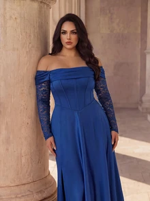 Coutiva Plus Size Elegant Lady Lace Boning Waist-Cinching Strapless Evening Dress - Navy Blue - View 5