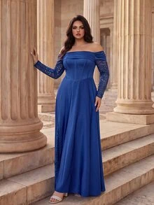 Coutiva Plus Size Elegant Lady Lace Boning Waist-Cinching Strapless Evening Dress - Navy Blue - View 3