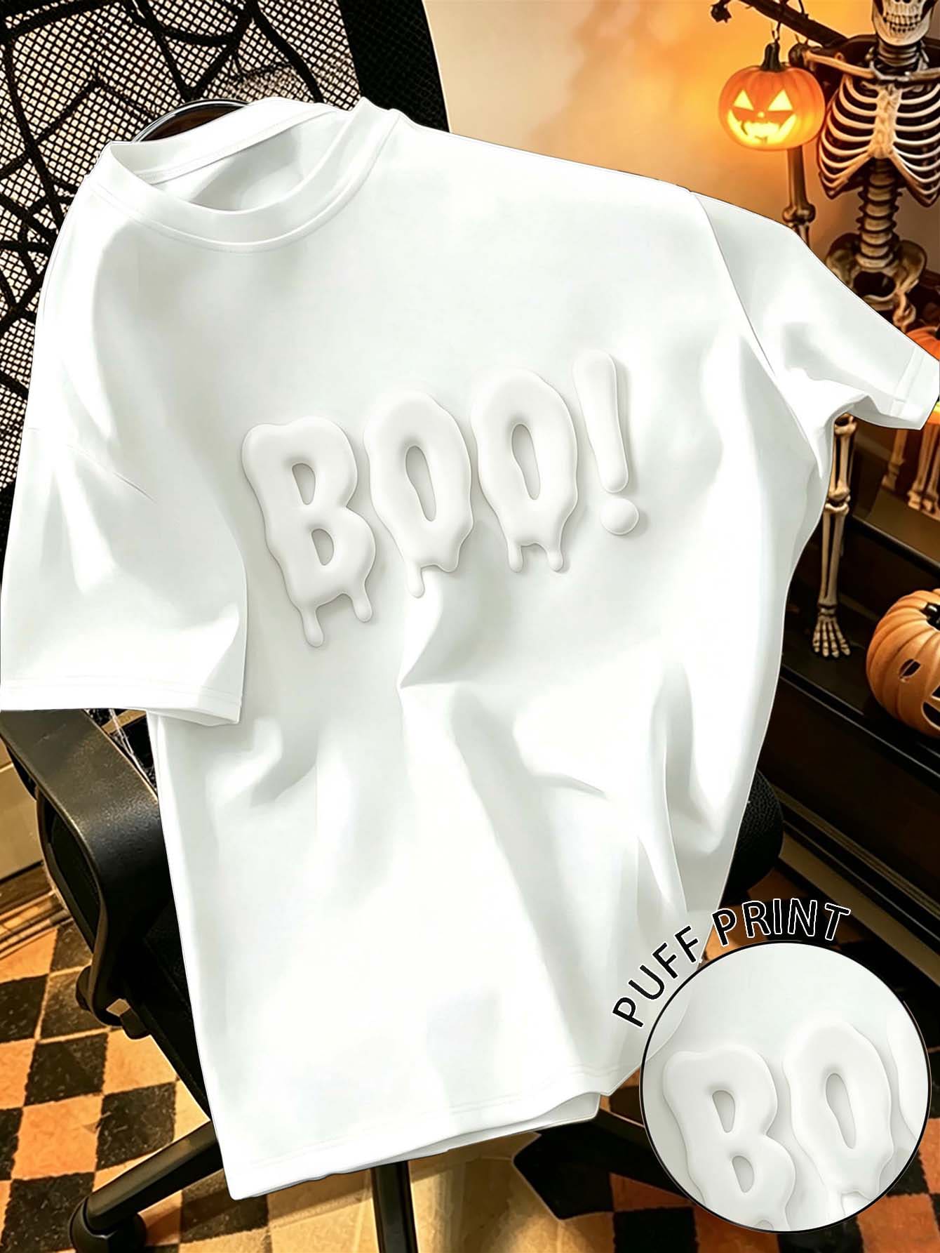 Resyla Kaos Pria Ukuran Besar Motif Minimalis Halloween BOO dengan Cetakan Busa - Putih - View 1