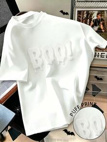 Resyla Kaos Pria Ukuran Besar Motif Minimalis Halloween BOO dengan Cetakan Busa - Putih - View 3
