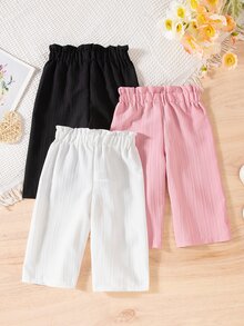 SHEIN Vintaside Kids 三件套纯色女婴休闲舒适百搭阔腿裤，纽扣设计，适合春秋季日常穿着及户外活动。 - 彩色 - 查看 3