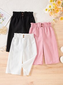 SHEIN Vintaside Kids 三件套纯色女婴休闲舒适百搭阔腿裤，纽扣设计，适合春秋季日常穿着及户外活动。 - 彩色 - 查看 4