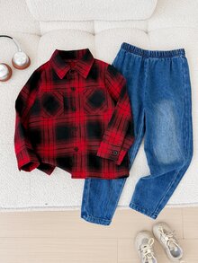 SHEIN 2pcs Toddler Boys Plaid Washed Versatile Collared Shirt & Casual Sporty Sweatpants Set, Suitable For Home, Outings, College Style,First Day Of School - Multicolor - View 4