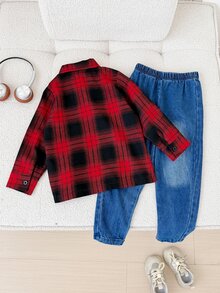SHEIN 2pcs Toddler Boys Plaid Washed Versatile Collared Shirt & Casual Sporty Sweatpants Set, Suitable For Home, Outings, College Style,First Day Of School - Multicolor - View 2