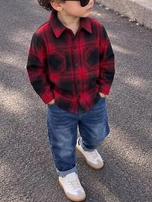 SHEIN 2pcs Toddler Boys Plaid Washed Versatile Collared Shirt & Casual Sporty Sweatpants Set, Suitable For Home, Outings, College Style,First Day Of School - Multicolor - View 1