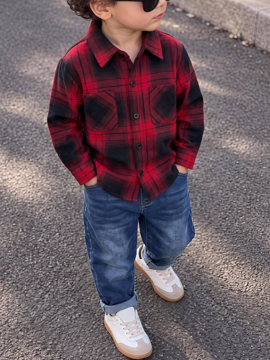 SHEIN 2pcs Toddler Boys Plaid Washed Versatile Collared Shirt & Casual Sporty Sweatpants Set, Suitable For Home, Outings, College Style,First Day Of School - Multicolor - View 1