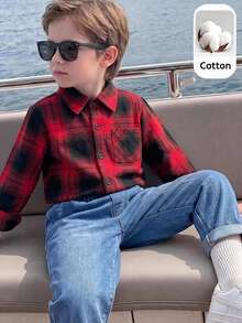SHEIN 2pcs Toddler Boys Plaid Washed Versatile Collared Shirt & Casual Sporty Sweatpants Set, Suitable For Home, Outings, College Style,First Day Of School - Multicolor - View 3