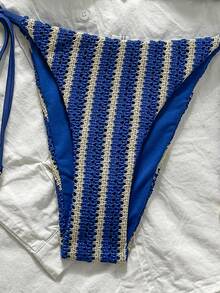 Swim Mod Women Fabric Elegant Bikini Set With Navy Striped Halter Wrap And Tie Side Short Bottom Beach Party Vacation - Multicolor - View 6