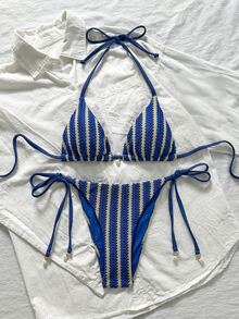 Swim Mod Women Fabric Elegant Bikini Set With Navy Striped Halter Wrap And Tie Side Short Bottom Beach Party Vacation - Multicolor - View 4