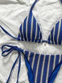 Swim Mod Women Fabric Elegant Bikini Set With Navy Striped Halter Wrap And Tie Side Short Bottom Beach Party Vacation - Multicolor - View 5