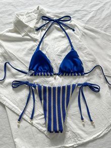 Swim Mod Women Fabric Elegant Bikini Set With Navy Striped Halter Wrap And Tie Side Short Bottom Beach Party Vacation - Multicolor - View 3