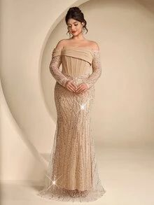 Coutiva Plus Size Elegant Classy Formal Luxurious New Beaded Sequin Embroidered Lace Bubble Hem Spliced Elastic Knit Ruched Mermaid Skirt With Puff Sleeves - Champagne - View 10