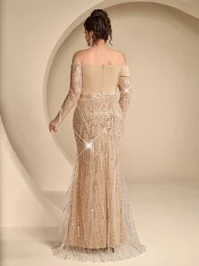 Coutiva Plus Size Elegant Classy Formal Luxurious New Beaded Sequin Embroidered Lace Bubble Hem Spliced Elastic Knit Ruched Mermaid Skirt With Puff Sleeves - Champagne - View 9