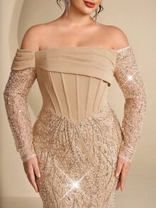 Coutiva Plus Size Elegant Classy Formal Luxurious New Beaded Sequin Embroidered Lace Bubble Hem Spliced Elastic Knit Ruched Mermaid Skirt With Puff Sleeves - Champagne - View 8