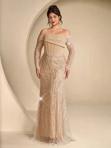 Coutiva Plus Size Elegant Classy Formal Luxurious New Beaded Sequin Embroidered Lace Bubble Hem Spliced Elastic Knit Ruched Mermaid Skirt With Puff Sleeves - Champagne - View 12