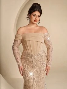 Coutiva Plus Size Elegant Classy Formal Luxurious New Beaded Sequin Embroidered Lace Bubble Hem Spliced Elastic Knit Ruched Mermaid Skirt With Puff Sleeves - Champagne - View 13