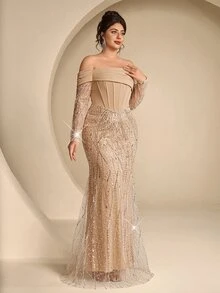 Coutiva Plus Size Elegant Classy Formal Luxurious New Beaded Sequin Embroidered Lace Bubble Hem Spliced Elastic Knit Ruched Mermaid Skirt With Puff Sleeves - Champagne - View 11