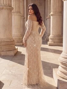 Coutiva Plus Size Elegant Classy Formal Luxurious New Beaded Sequin Embroidered Lace Bubble Hem Spliced Elastic Knit Ruched Mermaid Skirt With Puff Sleeves - Champagne - View 2