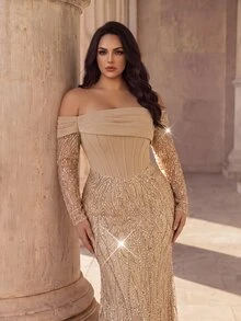 Coutiva Plus Size Elegant Classy Formal Luxurious New Beaded Sequin Embroidered Lace Bubble Hem Spliced Elastic Knit Ruched Mermaid Skirt With Puff Sleeves - Champagne - View 6