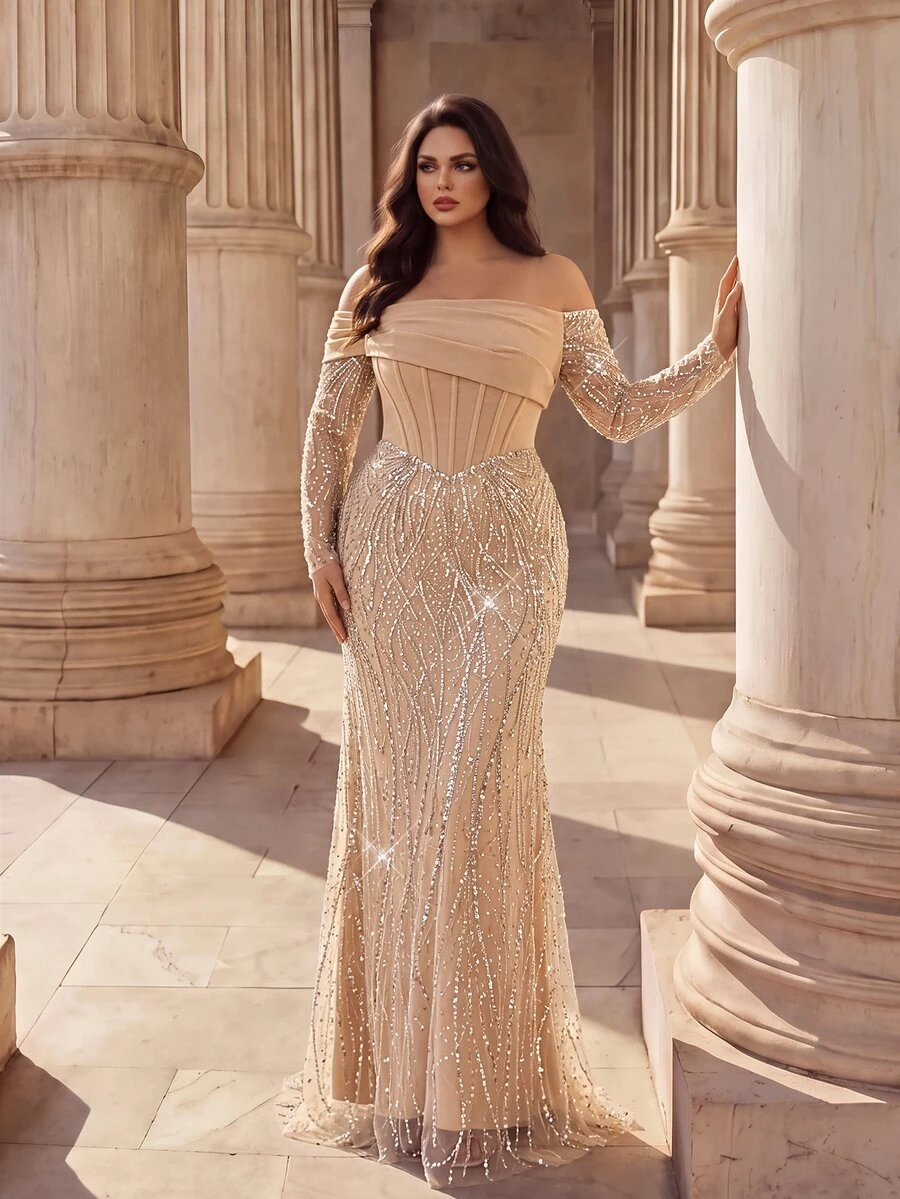 Coutiva Plus Size Elegant Classy Formal Luxurious New Beaded Sequin Embroidered Lace Bubble Hem Spliced Elastic Knit Ruched Mermaid Skirt With Puff Sleeves - Champagne - View 1