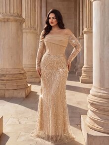 Coutiva Plus Size Elegant Classy Formal Luxurious New Beaded Sequin Embroidered Lace Bubble Hem Spliced Elastic Knit Ruched Mermaid Skirt With Puff Sleeves - Champagne - View 3
