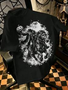 IslaSuriya 萬聖節暗黑無頭騎士印花大尺碼男士T恤 - 黑色 - 查看 1